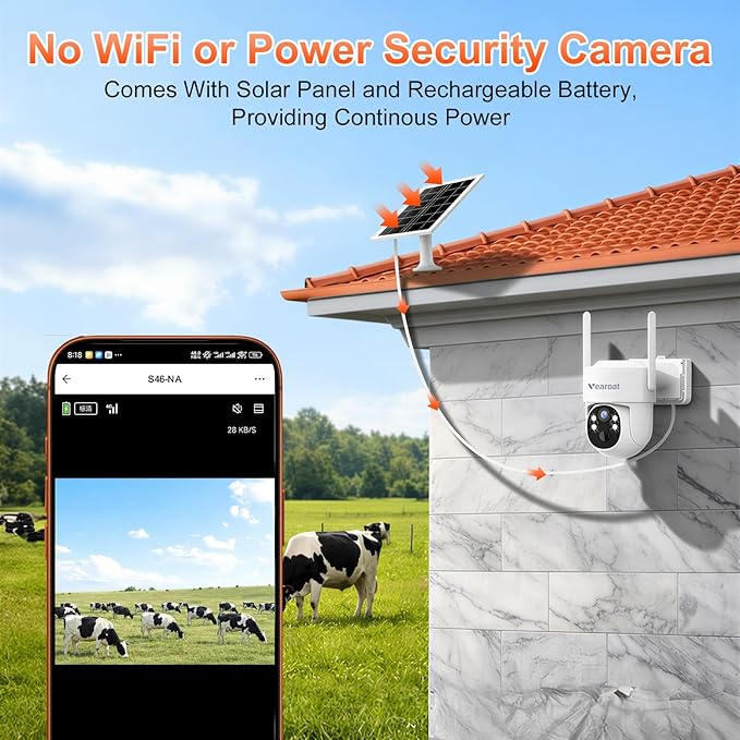 4G LTE Cellular Security Camera Upgraded, Lifetime Free Unlimited Data, Built-in VSIM Card, 360° Live View, AI PIR Motion Sensor Detection, Solar Powered Wireless Outdoor