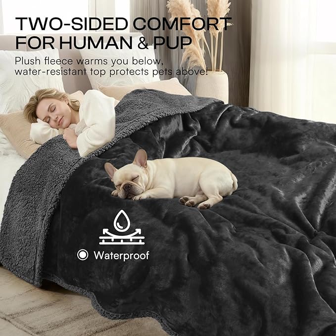 Waterproof Pet Blanket, Liquid Pee Proof Dog Blanket for Sofa Bed Couch, Reversible Sherpa Fleece Furniture Protector Cover for Small Medium Large Dogs Cats, Black Small???40" x 28"???
