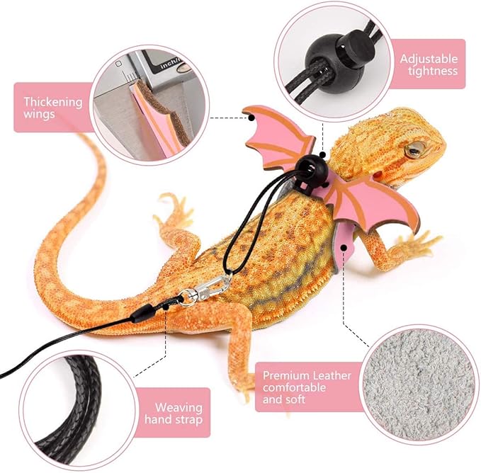 Valentine's Day Bearded Dragon Lizard Leash Harness Hat Bowtie Set - Valentine's Day Hat + Bowtie + 3 Pack Harness Leash for Bearded Dragon Iguana Amphibians Gift Small Animal Clothes Outfit(Pink Set)