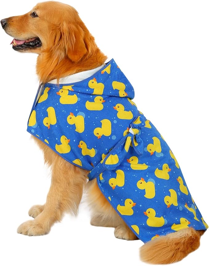 HDE Dog Bathrobe Super Absorbent Quick Drying Puppy Towel Wrap Coat Adjustable After Bath Robes with Hood for Dog Sizes S-XXL Blue Rubber Ducks XXL