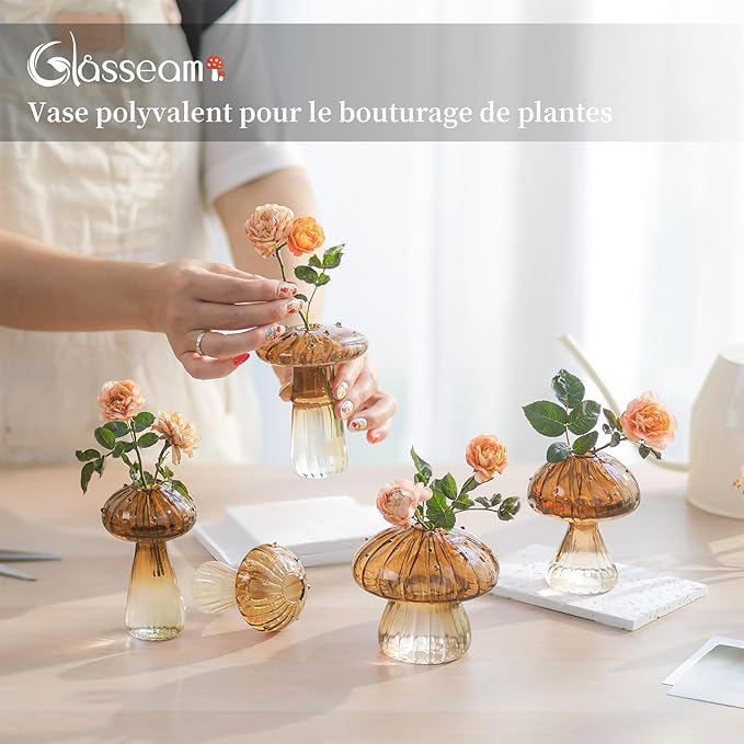 Glasseam Mushroom Plant Propagation Stations: Amber Glass Terrarium Jar Set of 10 Cute Planters for Indoor Plants Mini Propagate Station Unique Christmas Birthday Gifts for Women Home Office Decor