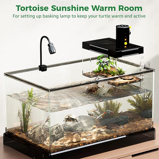 Clear Turtle Sunroom, Tortoise Raised Basking Zone with Ramp & Top, Height Adaptable, Small Reptile Abode with Drilled Hole for Hex Basking Bulb