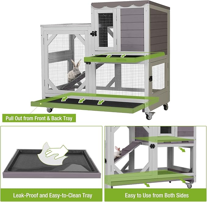 2-Story Rabbit Hutch Indoor Bunny Cage Outdoor Guinea Pig House with Chew-Proof Ramp, Leak-Proof Tray, Lockable Wheels for Rabbits, Guinea Pigs, Small Animals (Grey)