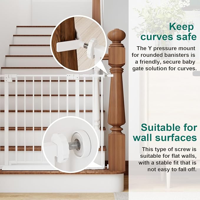 Miumoon 29.7-46" Baby Gate for Stairs with Banister Adapter Y-Spindle Rods, 30.5" Tall, Easy-Install Pressure Mounted Baby Gate for Doorways, Auto-Close Dog Gate Indoor for Child and Pets