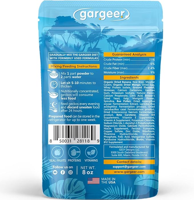 Gargeer 8oz Complete Crested Gecko Food Diet. Premium Mix, Ready to Use Freshly Made Powder. Unique Formula, Developed & Made in The USA. Enjoy! (Mango)