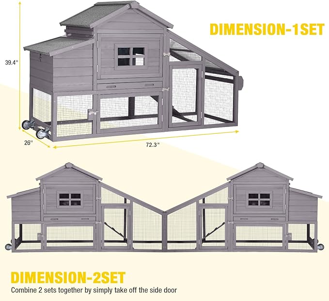 Wooden Chicken Coop, Large Chicken Tractor with Wheels, Weatherproof Hen House with Nest Box and Removable Tray, Mobile Poultry Hutch for 2-4 Chickens, Rabbits & Ducks (Grey)