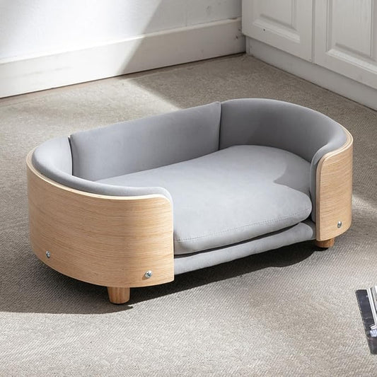 Elevated Dog Bed Pet Sofa with Solid Wood Legs and Bent Soft Backrest, Pet Cat Stool Bed with Velvet Cushion,for Small and Medium Size Dogs Kitten, Light Gray, Small Size