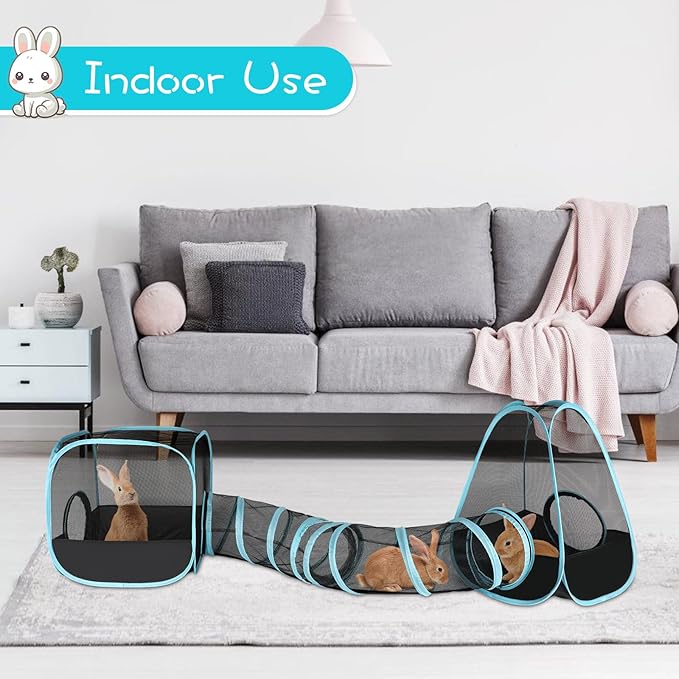 Rabbit Playpen with Tunnel, Breathable & Transparent Rabbit Playpen Pop Open Tent with Tube for Dwarf Rabbits,Ferret, Small Animal Playpens Bunny Tunnels Exercise Play Indoor or Outdoor