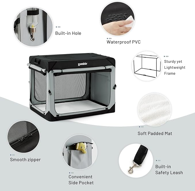 ZOMISIA 42 Inch Collapsible Dog Crate for Extra Large Dogs - XL Dog Travel Crate Portable with Breathable Mesh Windows, Soft Sided Dog Kennel Foldable for Indoor and Outdoor, Grey