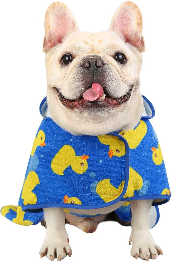 HDE Dog Bathrobe Super Absorbent Quick Drying Puppy Towel Wrap Coat Adjustable After Bath Robes with Hood for Dog Sizes S-XXL Blue Rubber Ducks S