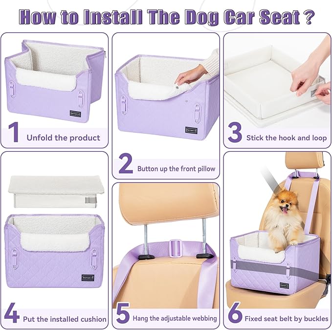 PETSFIT Dog Car Seats for Small Dogs – Patented Safety Buckles – Safety Tether – Foldable Travel Cat Car Seat Reduces Anxiety & Road Trips – Stable Frame, Fits Front/Back Seat (Lavender Purple)