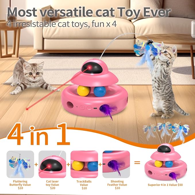 MOHAYA Automatic Cat Toys,4-in-1 InteractiveCat Toys for Bored Indoor Adult Cats, Electric Flying Butterfly,Rechargeable Moving Ambush Feather,Pink Kitter Toy Track Balls - Image 3