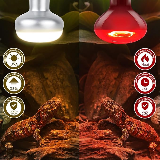 Infrared Reptile Heat Bulb Lamp 75W, 2-in-1 Day & Night Combo, Infrared Heat Lamp & UVA Sunlight Heating Lamp for Reptile Terrariums