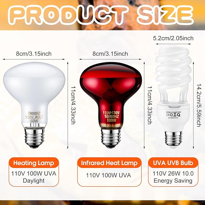 VIHOSE 3 Pcs Reptile Heat Lamp Combo, Include 100w UVA Day Heating Lamp and Infrared Heat Bulb, 26w Energy Saving UVB Bulb, Basking Light for Reptiles Bearded Dragon Turtles Snake Lizard