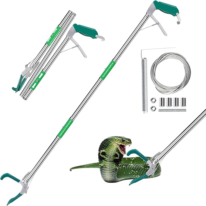 Snake Collapsible Grabber Tool, 50" Snake Tongs Stick Professional Extra Heavy Duty Reptile Catcher Grabber Wide Jaw Handling Tool with Lock, Non-Slip Grip for Safe Snake Handling Rattlesnake Catching