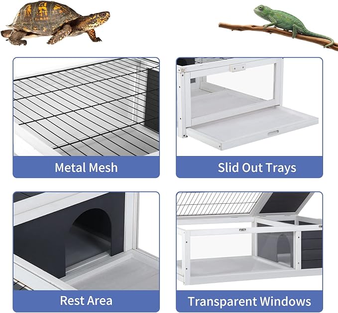 Tortoise Habitat, Large Wooden Box Turtle Enclosure with Removable Tray, Indoor Outdoor Tortoise House Reptile Cage for Small Animals,Easy to Assemble