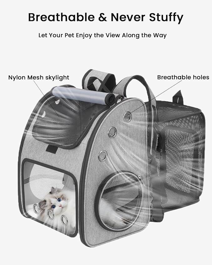 Expandable Cat Backpack Carrier, Airline Approved Pet Carrier for Cats & Small Dogs, Breathable Mesh, Bubble Window, Anti-Collapse, for Travel Hiking Camping, Hold Pets Up to 18 Lbs