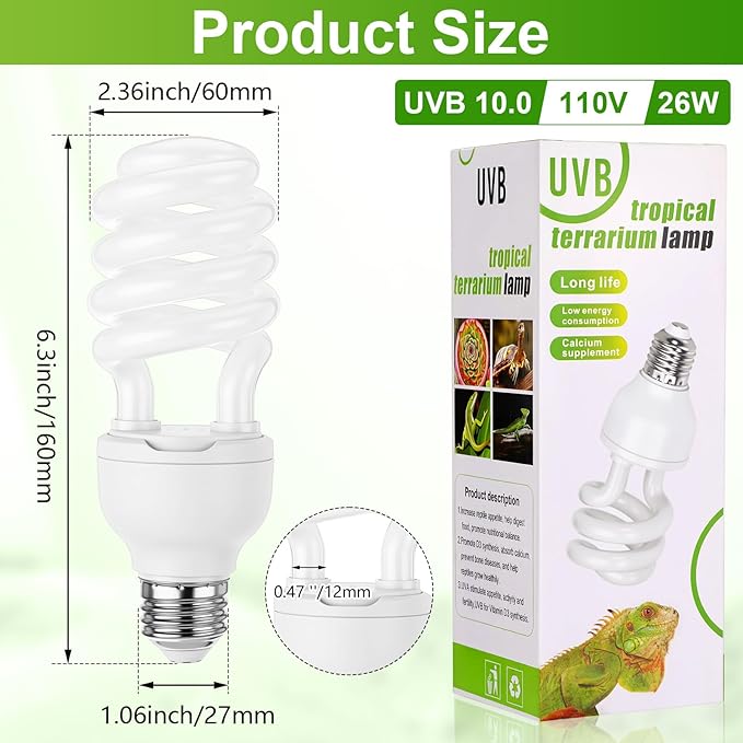 Reginary 4 Pcs UVB Reptile Light 10.0 26W Tropical and Sub-Tropical UVA UVB Bulb Compact Fluorescent Lamp Tropical Terrarium Lamp for Chameleons, Lizards, Tortoises, Snakes, Iguanas & Turtles