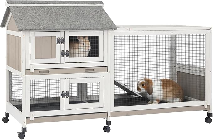 PetsCosset Rabbit Hutch Outdoor Bunny Hutch 2-Story Wooden Indoor Rabbit Cage with Run, 6 Wheels, Waterproof 3 Leak Proof Trays, Ramp, Weatherproof Asphalt Roof for Animals Pets, Expandable Design