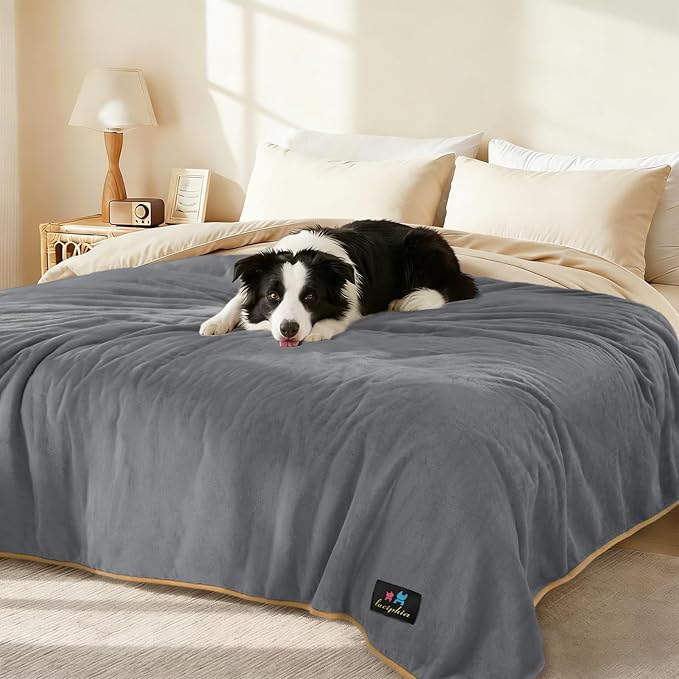 Luciphia Waterproof Pet Blanket, Liquid Pee Proof Dog Blanket for Sofa Bed Couch, Reversible Sherpa Fleece Furniture Protector Cover for Small Medium Large Dogs Cats, Grey+Beige X-Large（85" x 57"）