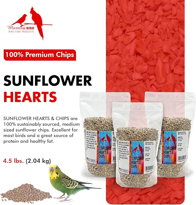 Morning Bird Sunflower Hearts & Chips 4.5 lbs (3-Pack, 1.5 lbs Each) – Premium Bird Seed with High Protein & Healthy Fat - Shelled Sunflower Hearts for Birds - Mess Free, Easy to Feed, Delicious Snack