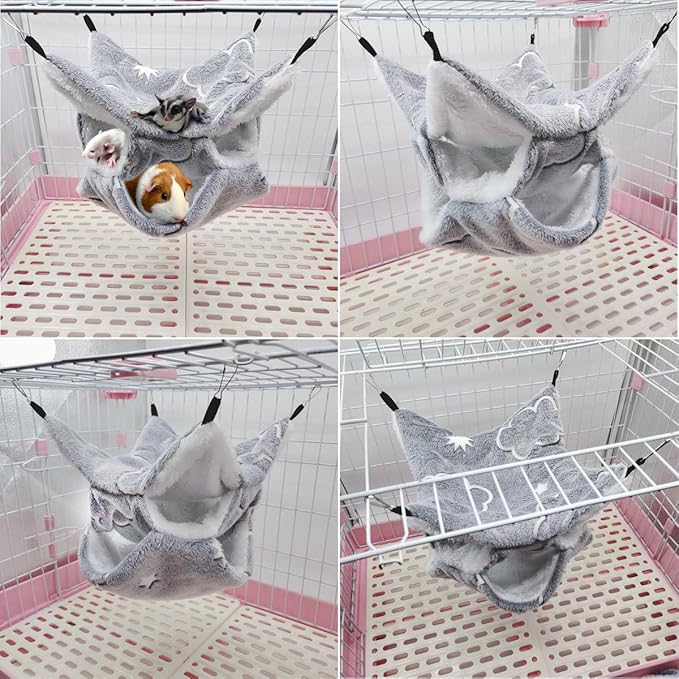 LEFTSTARER Noctilucent Luminous Guinea Pig Rat Hammock Hanging Triple-Layer Hammock Bedding for Ferret Hedgehog Squirrel Hideout Cage Accessories (Cloud & Stars)