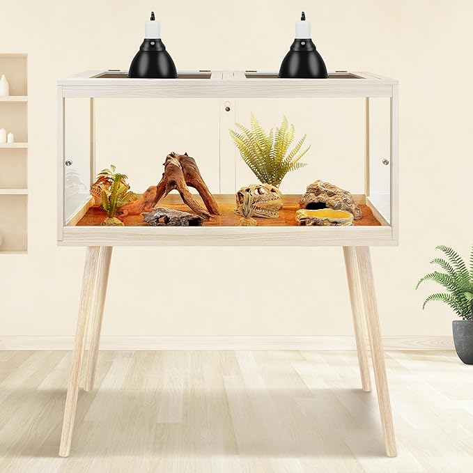 PROLEE Reptile Enclosure with Leg, 65 Gallons Bearded Dragon Tank, Tempered Glass Lizard Tank with Metal Mesh Tops and Lockable Door, Spacious Reptile Habitat for Snake,Lizard (Oak)