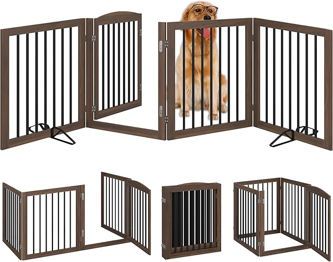 Vantas Folding Pet Gate 96" Wide, 30" Tall No-Assembly Wooden Dog Gate with Door Walk Through, Freestanding Puppy Safety Fence, with 2PCS Support - Brown