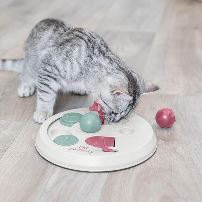 Trixie Cat Activity Flip Board ?€? 4-Module Treat Puzzle Enrichment Toy for Mental Stimulation & Slow Feeding ?€? Interactive Cat Toy for Indoor Cats ?€? Berry/Gray, 9 x 9 x 2.5 in - Image 6