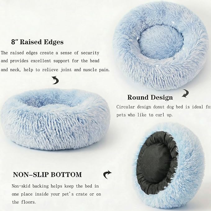Calming Dog Bed for Medium Dogs Washable Donut 30 inches Anti-Slip Pet Bed,Round Fluffy Plush Faux Fur Cat Bed,Fits up to 45 lbs Pets,Gradient Blue