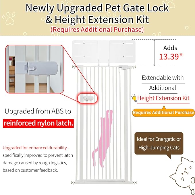 Lumizone Extra Tall Cat Gate 61.02" High Pressure Mounted Extra Wide 2025 New (17 Sizes) 1.37" Gap No Drilling Auto-Close One-Handed Operation Tall Pet Gate for Dogs(White, 61.02" H x 29.92"-38.38" W)