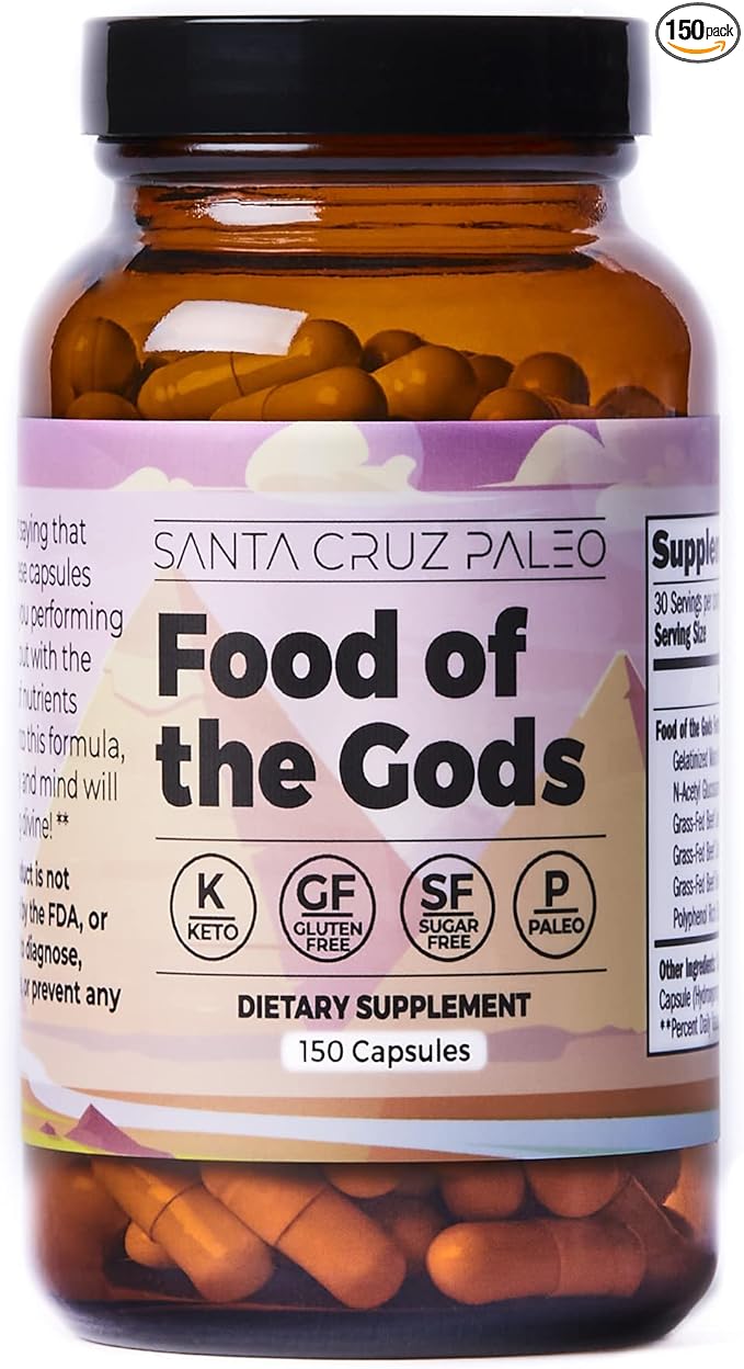 Santa Cruz Paleo, Food of the Gods Grass Fed Beef Organ Supplement for Men and Women, with Collagen, Maca Root, Colostrum, Bone Broth, Iron, Vitamin B12, Gluten Free, Keto Friendly, 30 Servings