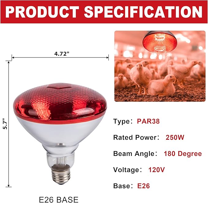 250W Chicken Heat Lamp Bulbs, PAR38 Heat Lamp for Chicks, Infrared Reflector Heat Bulb for Brooder Heater, Incandescent Heat Lamp for Pet, Bathroom, Food (2 Pack)