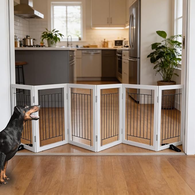 ZJSF Freestanding Dog Gate Indoor, Foldable Dog Fence for Doorways,Hallways or Stairs, Sturdy Wood Extra Wide Pet Gate with Support Feet,Grey,24 "Height-6 Panels