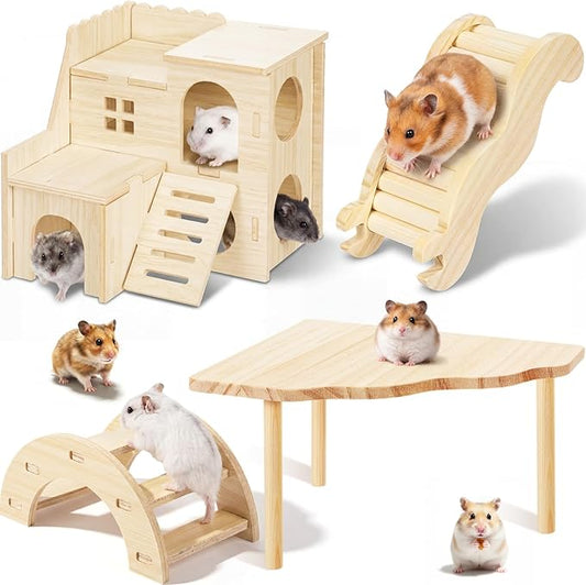BreezeHug 4 Pcs Hamster Platform Hideout Wooden Tunnel Ladder Playhouse Hamster Game Climbing Toy with Platform Cage Accessories for Small Pets Dwarf Syrian Mice Degus Gerbils Squirrel(Villa)