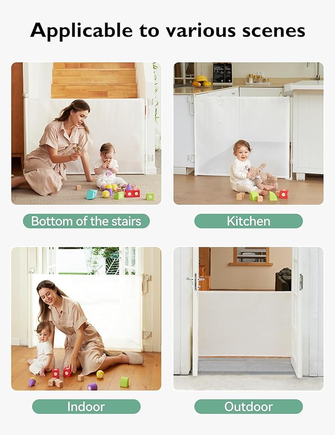 Momcozy Auto-Locking Retractable Mesh Baby Gate or Dog Gate, Child Safety Gate for Indoor or Outdoor, 33-inches Tall with up to 55-inches Wide Extension, Avoid Skirting Installation, White