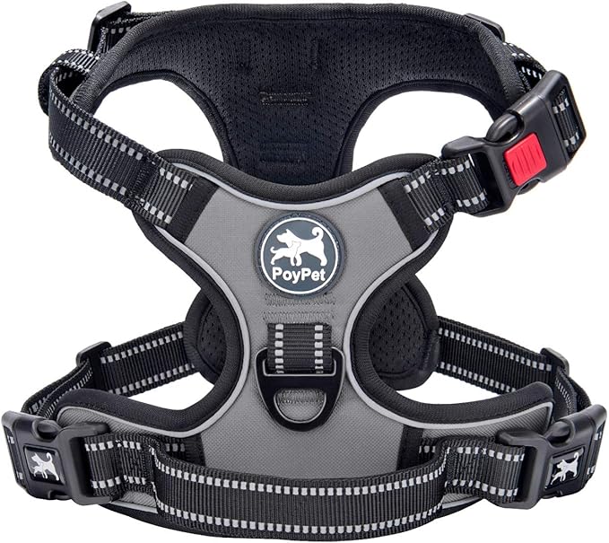 PoyPet No Pull Dog Harness, No Choke Front Lead Dog Reflective Harness, Adjustable Soft Padded Pet Vest with Easy Control Handle for Small to Large Dogs(Grey,S)