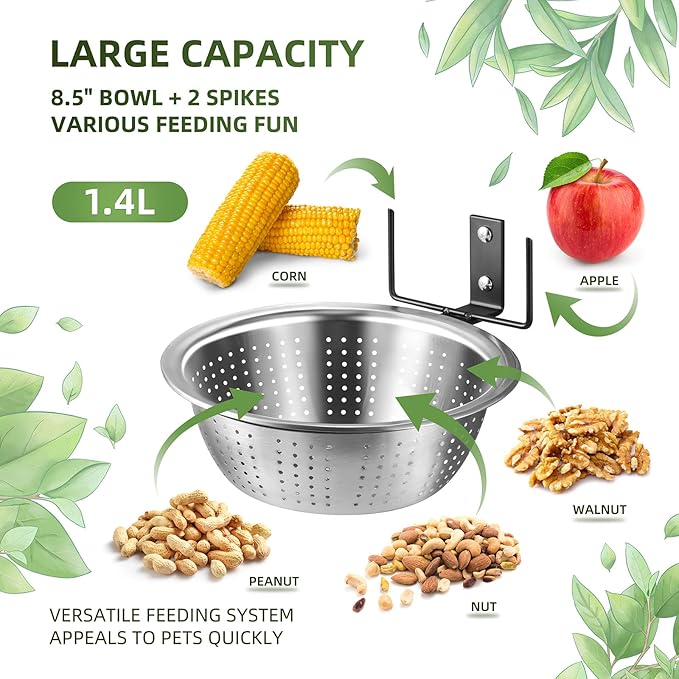 2 Pack Squirrel Feeders, Add 2 Colander Bowls (Each 8.5"/1.4L) for Replacement, Dual Corn Cob Spikes for Multi-Food, Metal Squirrel Feeders for Outside, Removable Bowl Nice to Clean/Refill