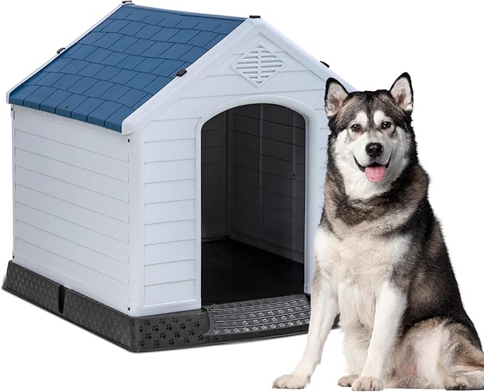 FDW 39-Inch Dog House Indoor Outdoor Durable Ventilate Waterproof Pet Plastic Dog House for Large Dogs Insulated Puppy Shelter Kennel Crate with Air Vents and Elevated Floor,Dark Black