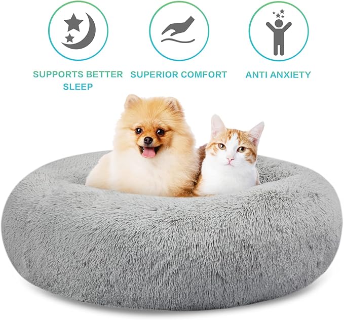 SAVFOX 20 inches Calming Donut Dog Bed - 3X Durable Plush Faux Fur, Machine Washable & Non-Slip, Fits up to 15 lbs, Light Grey