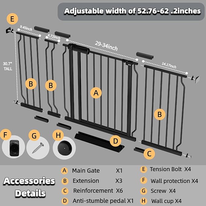 Extra Wide Baby Gate with Door, 52.76~62.2 Inch Wide Presure Mounted No Drill Metal Auto Close Child Gate for Stair Doorway - Indoor Outdoor Safty Gate for Toddler Dog Doggie, Black