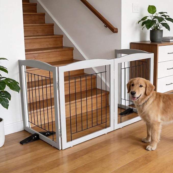ZJSF Freestanding Dog Fence Indoor, Foldable Dog Gate for Doorways, Stairs or Hallways, Sturdy Wood Extra Wide Pet Gate with Support Feet for The House, Grey, 24 "Height-6 Panels