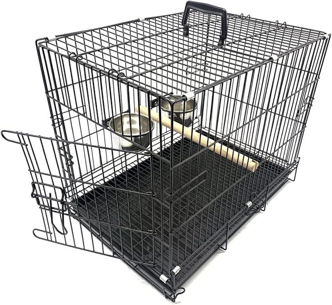 Portable Easy Travel Storage Bird, Parrot, Puppy and Kitten Carrier Travel Vet Chew-Proof Metal Cage with Stand Wooden Perch Stainless Steel Cups