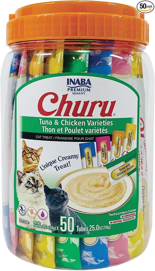 INABA Churu Cat Treats, Lickable, Squeezable Creamy Purée Cat Treat with Green Tea Extract & Taurine, 0.5 Ounces Each Tube, 50 Tubes, Tuna & Chicken Variety by INABA