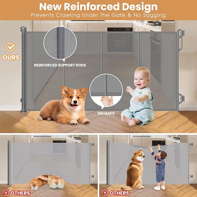 Spaceany Reinforced Retractable Baby Gate or Mesh Dog Gate,Easy to Use for Stairs, Doorways, Hallways, Indoor, Outdoor, Wide Pet Gate 33.5" Tall, Extends to 45" Wide, Gray