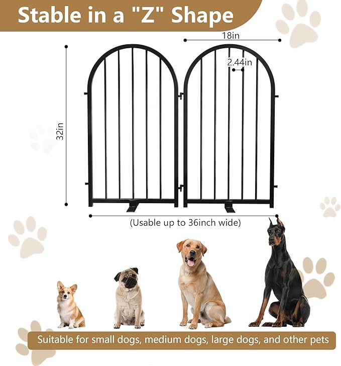 PUPETPO Full Metal Dog Gate for Indoor Outdoor, 32" Tall Free Standing Pet Dog Fence, 36" Wide Arched Pet Gates for Stairs, Hallways, Doorways, Kitchen, Decks, Yards (Black, 2 Panels)