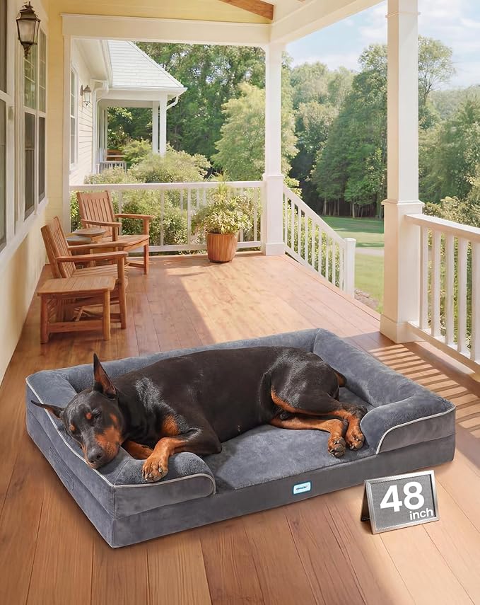 OhGeni Orthopedic Dog Bed Couch Big Cat Sofa for XXL Sized Pets with Memory Foam, Machine-Washable Waterproof Removable Cover, Soft Comfortable Fabric, 48-inch (Gray)
