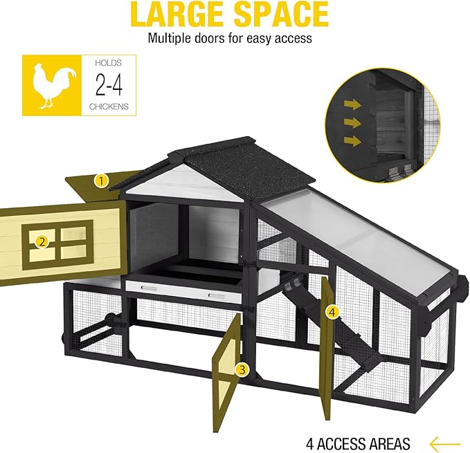 Wooden Chicken Coop, Large Chicken Tractor with Wheels, Weatherproof Hen House with Nest Box and Removable Tray, Mobile Poultry Hutch for 2-4 Chickens, Rabbits & Ducks (White)
