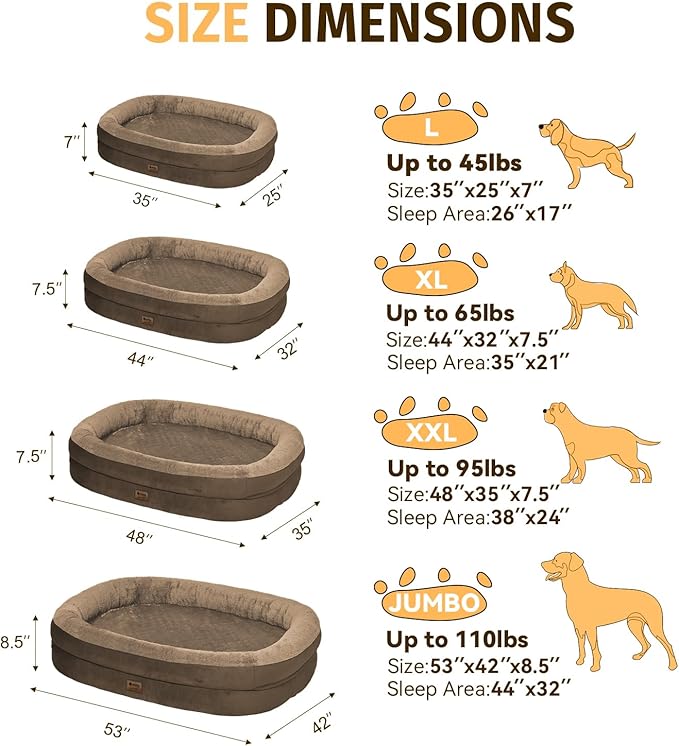 Orthopedic Dog Bed for Large Dogs, Waterproof Dog Bed for Large Size Dogs with Bolsters, Egg Crate Foam Sofa Bed with Washable Removable Cover & Non-Slip Bottom, Coffee