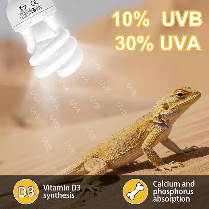 UVB Reptile Light, 10.0 15W UVA UVB Light for Reptiles, Spiral Compact Fluorescent UVB Bulb for Bearded Dragons Tortoise Lizards and Snakes
